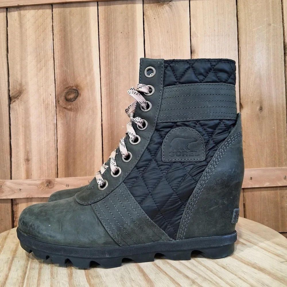 Sorel Lexie Wedge Boots Womens 8 Gray Leather Ankle Lace Up Winter Waterproof‎